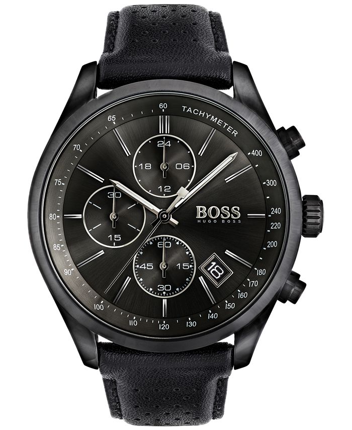 BOSS Hugo Boss Men's Chronograph Grand Prix Black Leather Strap Watch ...
