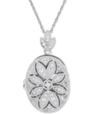 Cubic Zirconia Oval Floral Locket Pendant Necklace in Sterling Silver
