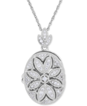 image of Cubic Zirconia Oval Floral Locket Pendant Necklace in Sterling Silver