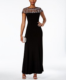 Women's Illusion Beaded-Trim A-Line Gown