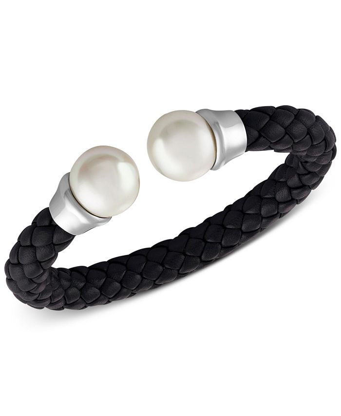 Majorica Silver Tone Imitation Pearl Black Braided Leather Bangle