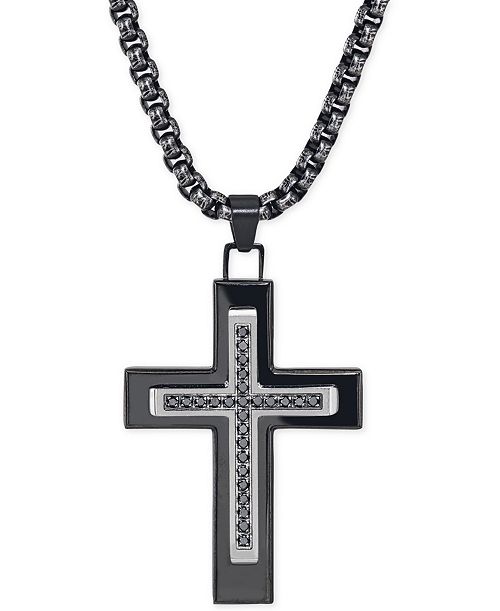 alfani Esquire Men's Jewelry Black Diamond (1/4 ct. t.w.) Cross Necklace in Black IP over Stainless Steel Created for Macy's Jewelry & Watches