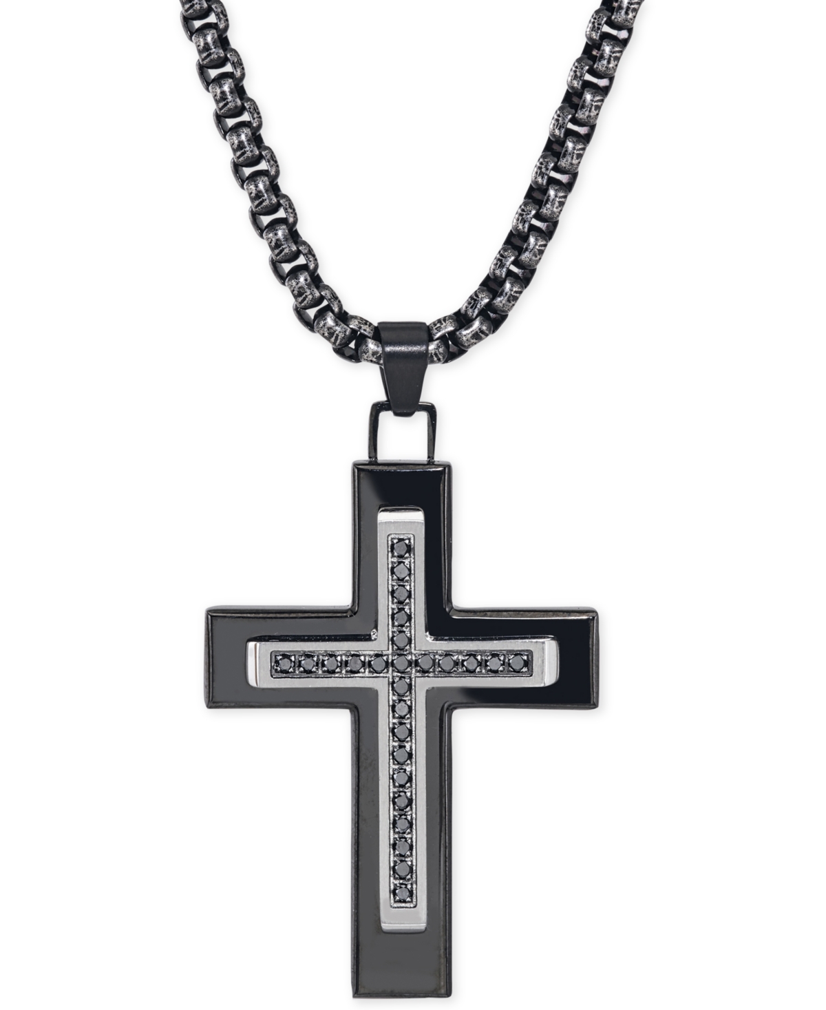Black Diamond (1/4 ct. t.w.) Cross Necklace in Black Ip over Stainless Steel, Created for Macy's - Black