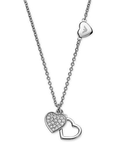 Emporio Armani Sterling Silver Pavé Double Heart Pendant Necklace