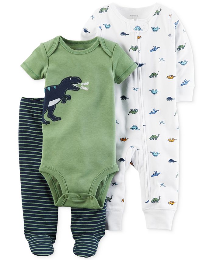 Carter's 3-Pc. Cotton Dinosaur Bodysuit, Coverall & Footed Pants Set ...
