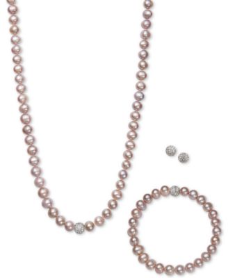 White, Gray or Pink Cultured Freshwater Pearl (7mm) & Crystal Collar Jewelry Set