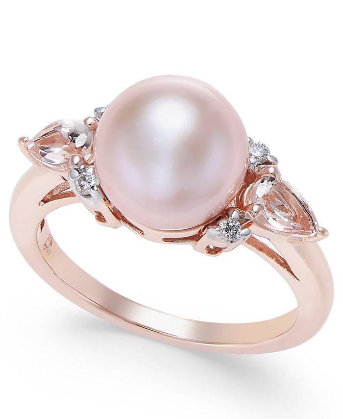 Pink Cultured Freshwater Pearl (9mm), Morganite (3/8 Ct. t.w.) and Diamond Accent Ring in 14K Rose Gold - Rose Gold