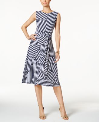Charter Club Petite Mixed-Stripe Belted Fit & Flare Dress, Created for ...