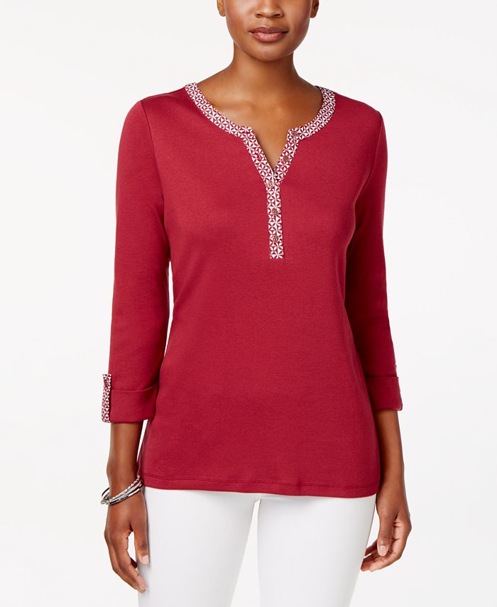 Karen Scott Petite Cotton PrintedTrim Henley Top, Created for Macy's