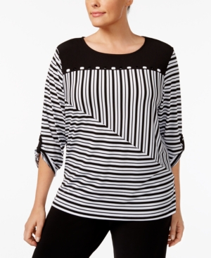 Alfred Dunner Plus Size Saratoga Collection Striped Roll-Tab Top