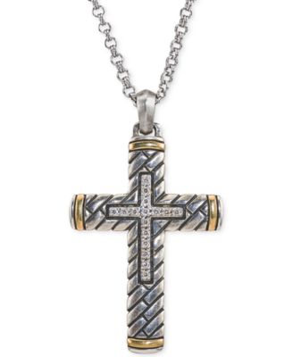 Esquire Men's Jewelry - Diamond Two-Tone Cross Pendant Necklace (1/5 ct. t.w.) in Sterling Silver and 14k Gold