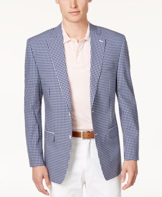 blue and white check coat