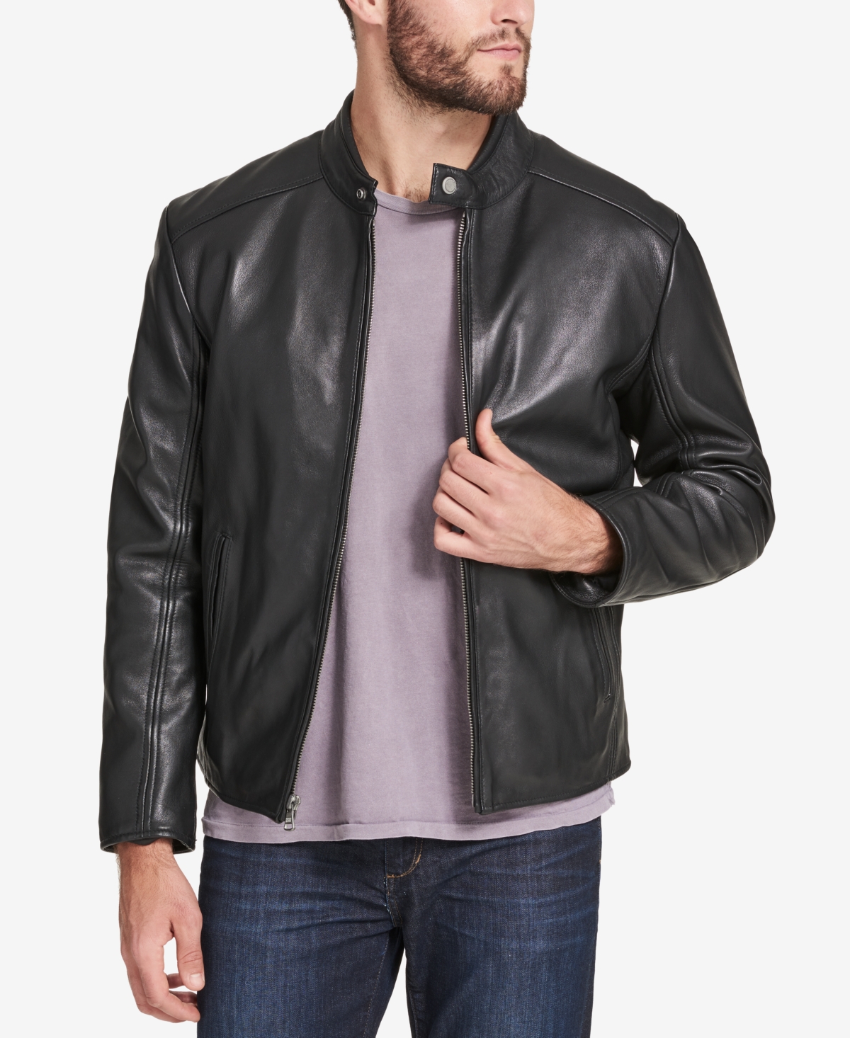 Men's Leather Moto Jacket, Created for Macy's - Black