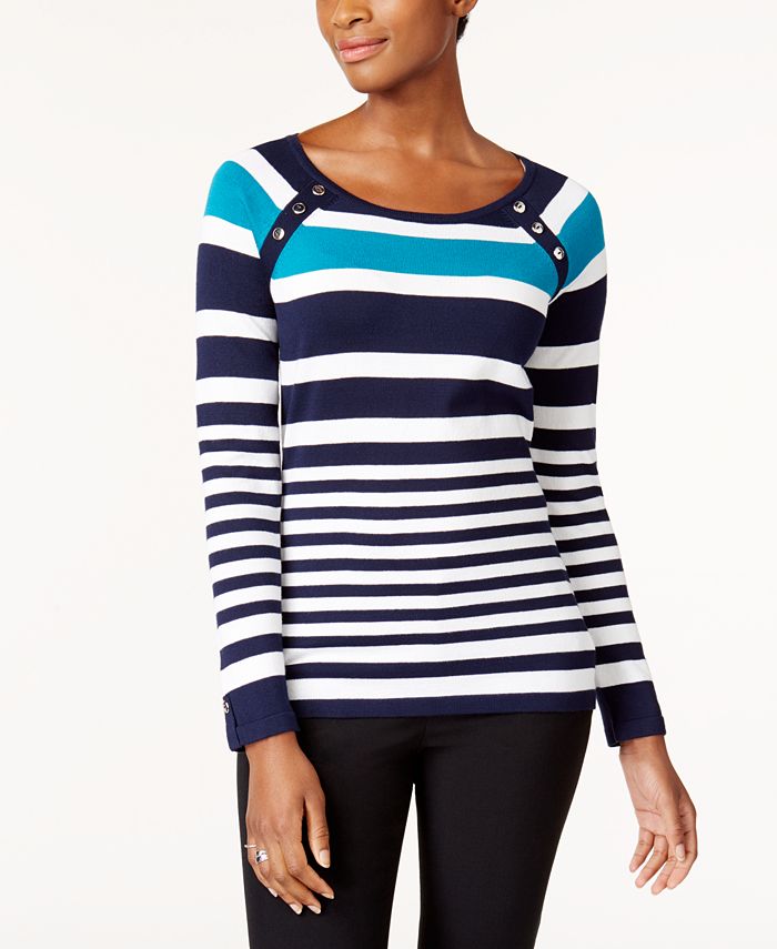 Karen Scott Petite Striped Button-Shoulder Sweater, Created for Macy's ...