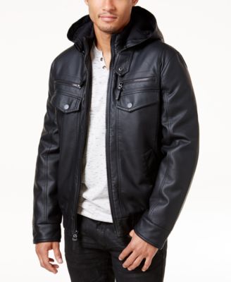 mens leather bomber jacket with fur hood