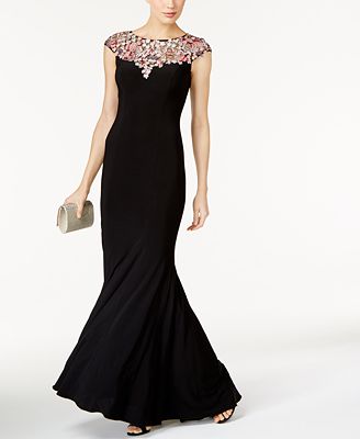 xscape embroidered illusion gown