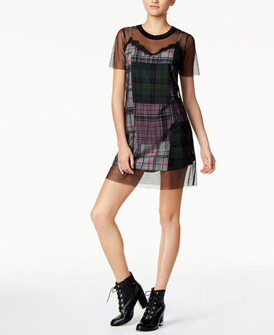 GUESS Cass Mesh Plaid T Shirt Dress Dresses Women GUESS Cass Mesh Plaid T Shirt Dress Dresses Women