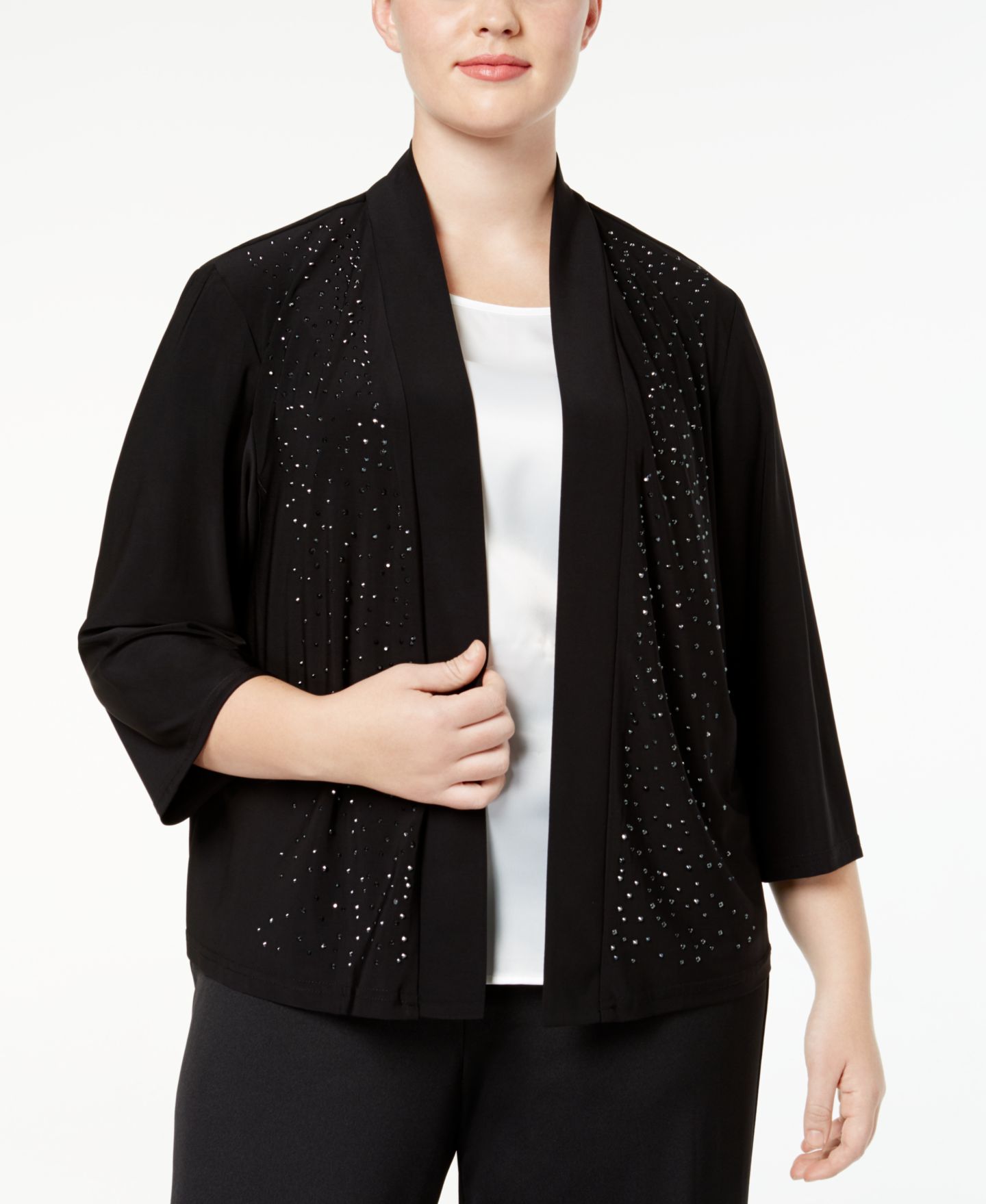 Женский кардиган R & M Richards Plus Size Beaded Open Front Cardigan, цвет: Чёрный — фото 1