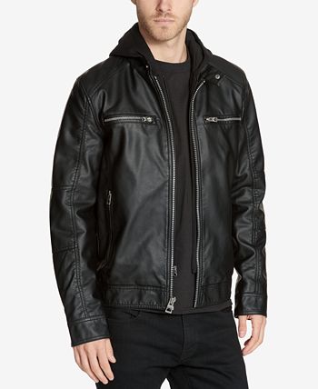 GUESS Men's Faux-Leather Detachable-Hood Motorcycle Jacket - Macy's