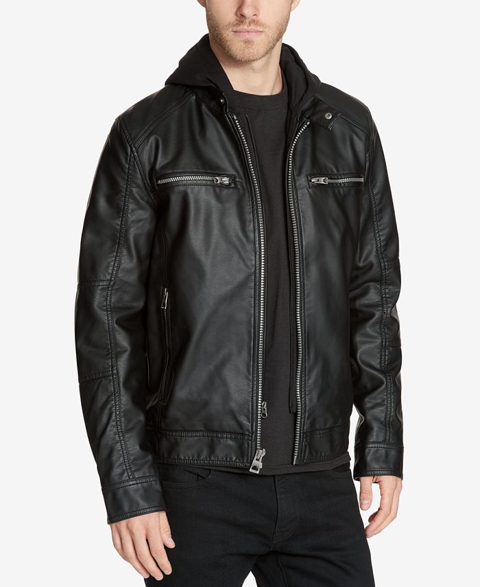 GUESS Men's Faux-Leather Detachable-Hood Motorcycle Jacket - Macy's