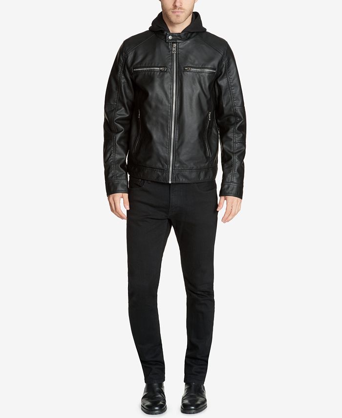 GUESS Men's FauxLeather DetachableHood Motorcycle Jacket Macy's