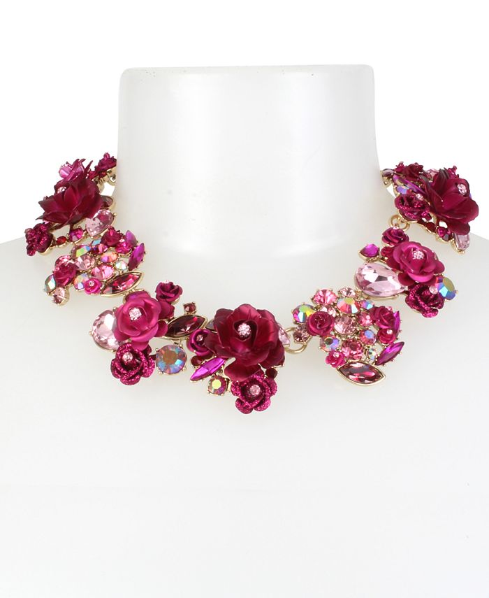 Betsey Johnson Gold-Tone Multi-Stone Pink Flower Statement Necklace ...
