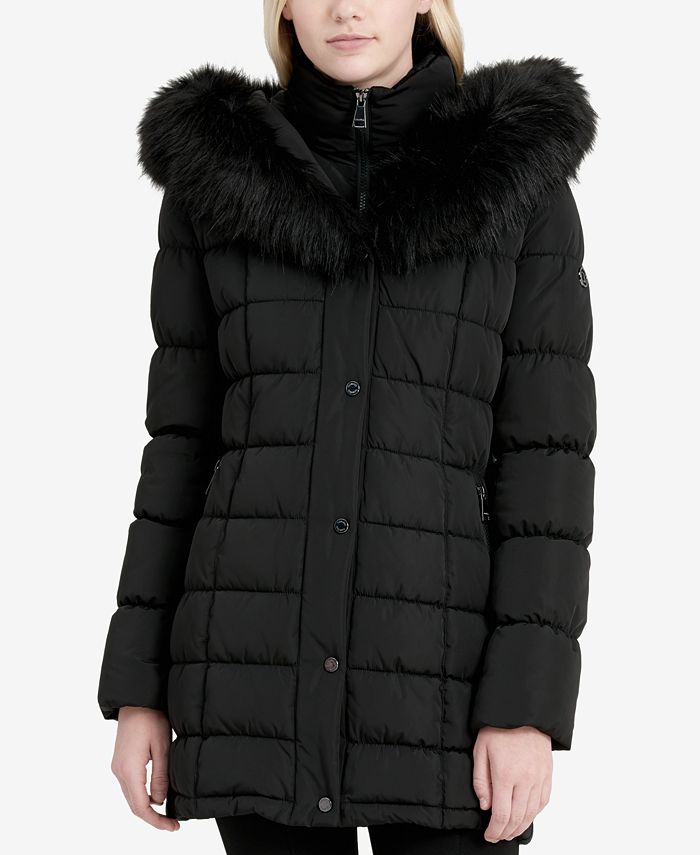 Calvin Klein Faux-Fur-Trim Layered Puffer Coat - Macy's
