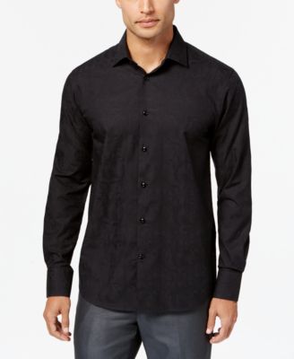 Tallia - Men's Slim-Fit Black Tonal Floral-Jacquard Dress Shirt