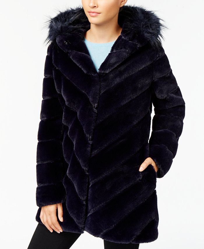 Calvin Klein Faux-Fur Chevron-Seamed Coat - Macy's