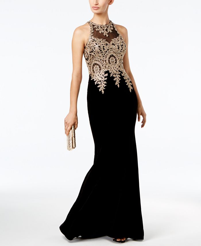 XSCAPE Velvet Embroidered Gown - Macy's