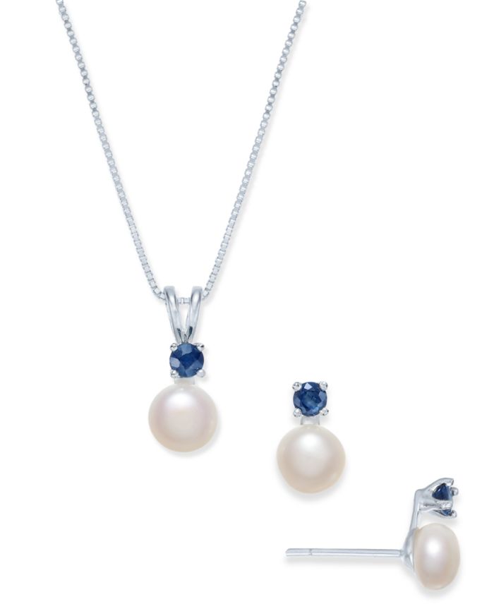 Cultured Freshwater Pearl (6mm-7mm) & Sapphire (1/2 ct. t.w.) 18" Pendant