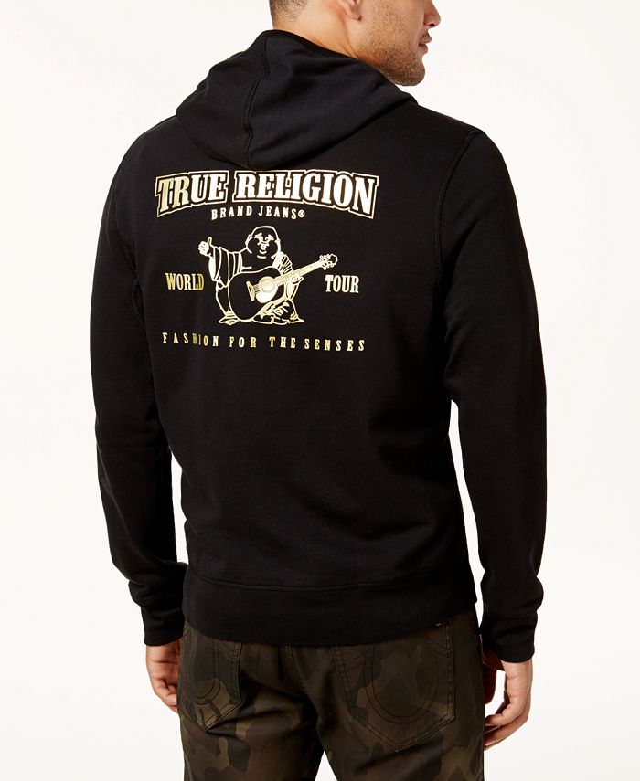 True Religion Men s Gold Double Puff Metallic Logo Print Hoodie