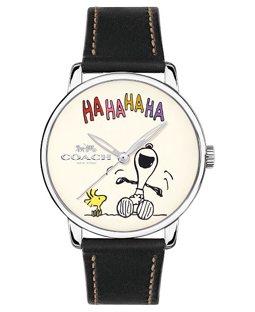COACH Unisex Peanuts' Snoopy Grand Black Leather Strap Watch 40mm ...
