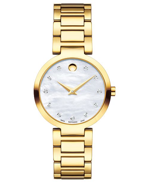 Movado Women S Swiss Modern Classic Diamond Accent Gold Tone Pvd Stainless Steel Bracelet Watch 28mm Reviews All Fine Jewelry Jewelry Watches Macy S