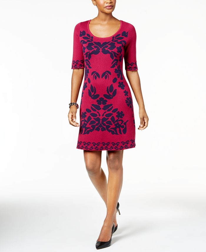 NY Collection Floral-Jacquard Sweater Dress - Macy's