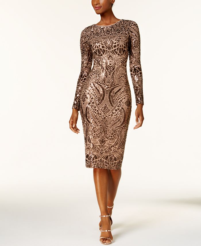 betsy & adam sequin & mesh overlay gown