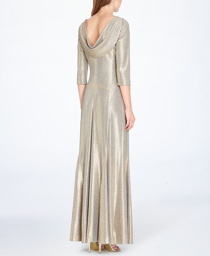 tahari asl cowl neck metallic gown