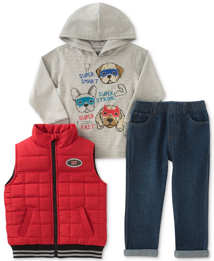 Kids Headquarters 3-Pc. Hooded Shirt, Vest & Jeans Set, Little Boys (4 ...