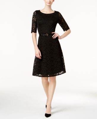 Charter Club Petite Belted Lace Dress, Created for Macy's - Macy's