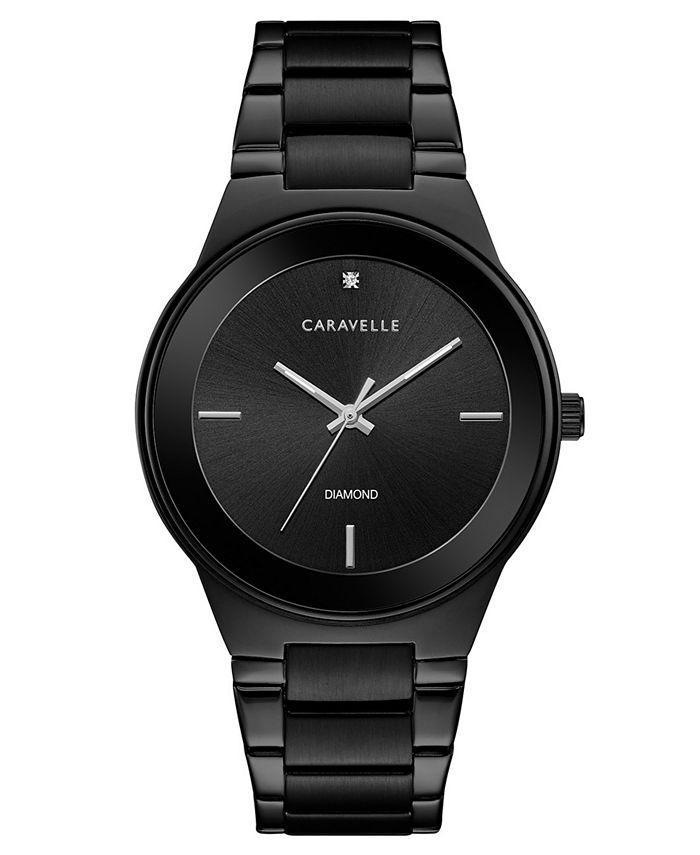 Caravelle Men's Diamond-Accent Black Stainless Steel Bracelet Watch ...