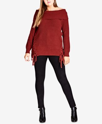 City Chic - Trendy Plus Size Off-The-Shoulder Lace-Up Sweater