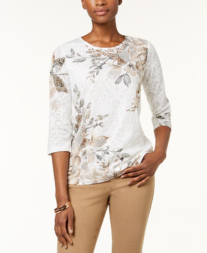 Alfred Dunner Petite Eskimo Kiss Embellished Printed Top - Macy's