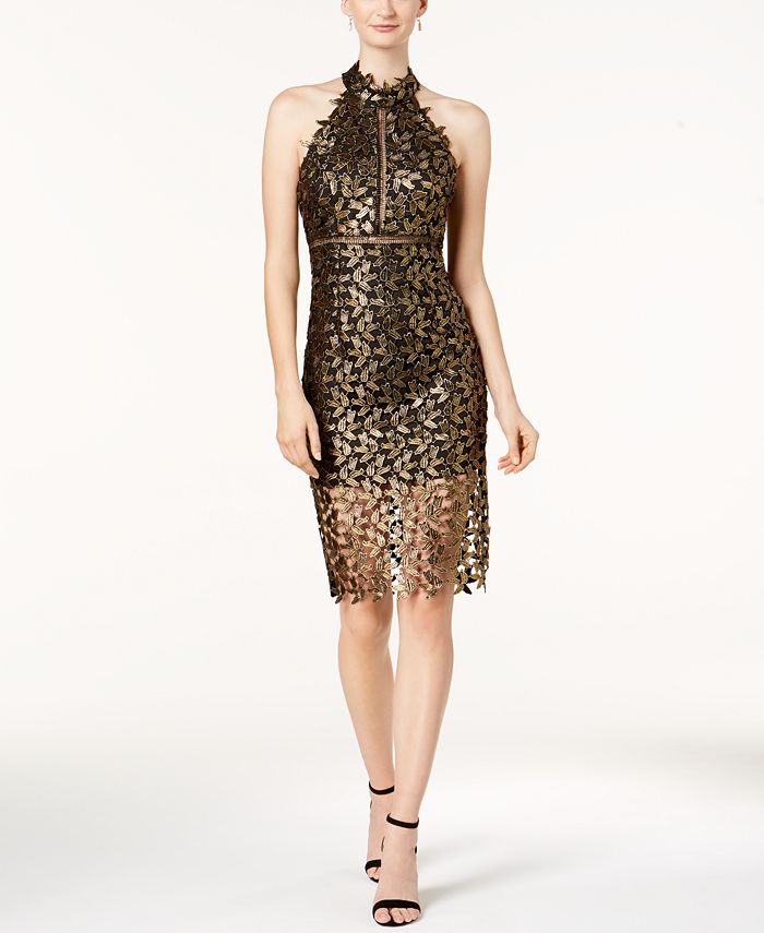 Bardot lace illusion halter dress clearance