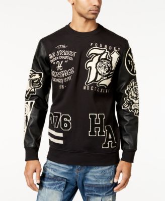 Heritage America - Men's Embroidered Sweater with Faux-Leather Sleeves