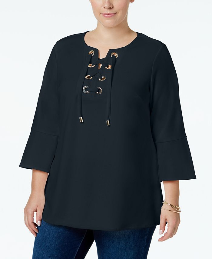 Charter Club Plus Size Lace-Up Bell-Sleeve Tunic, Created for Macy's ...