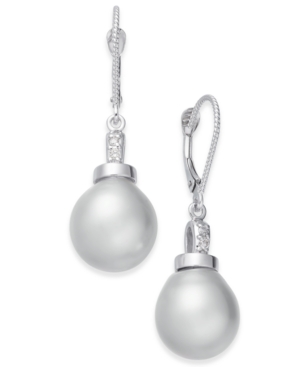 image of Cultured Baroque White South Sea Pearl (11mm) & Diamond Accent Drop Earrings in 14k White Gold