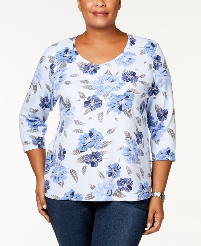 Karen Scott Plus Size Cotton Printed V-Neck T-Shirt, Created for Macy's ...