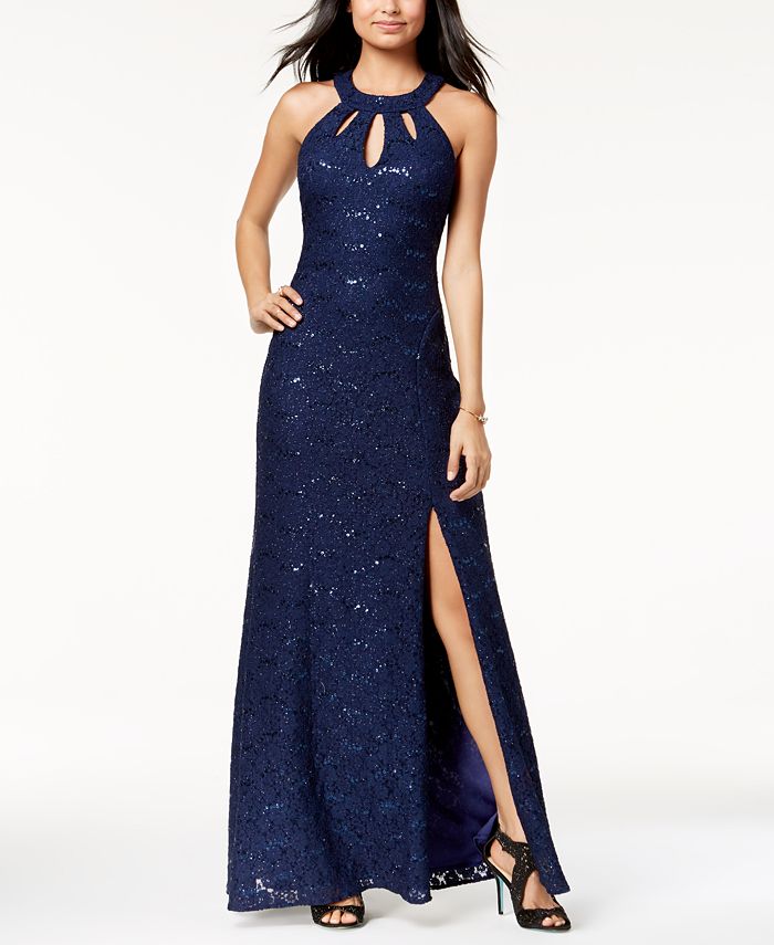 Morgan & Company Juniors' Open-Back Sequined Lace Gown - Macy's