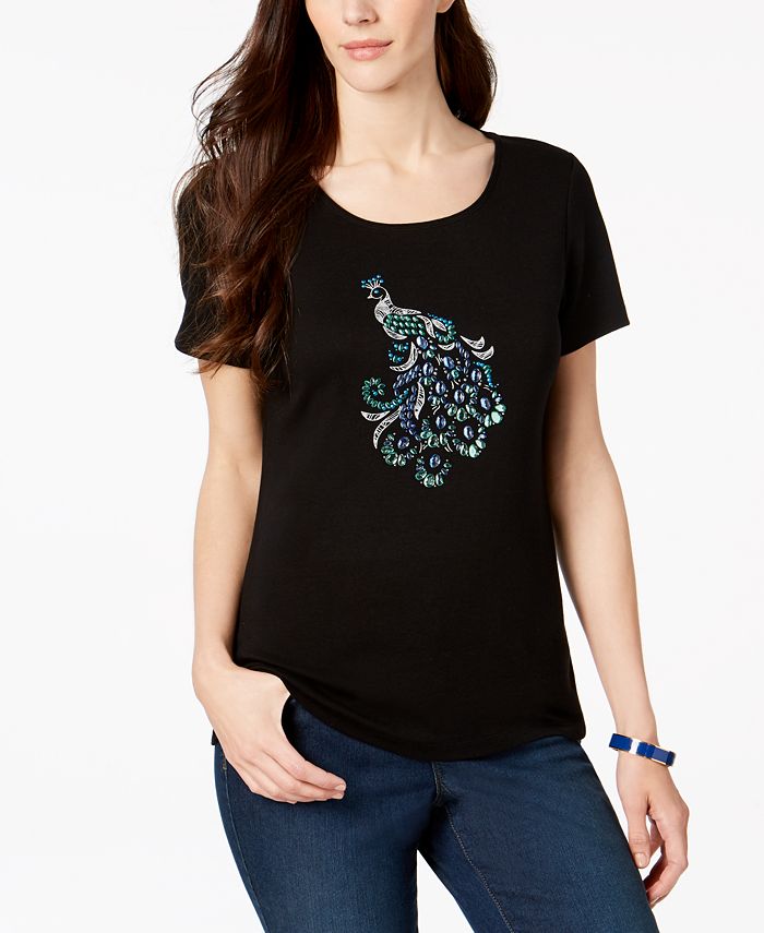 Karen Scott Petite Cotton Embellished Peacock Graphic T Shirt