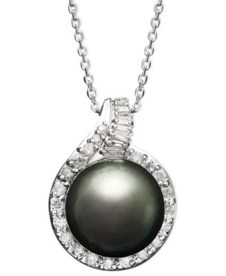14k White Gold Necklace, Cultured Tahitian Pearl (12mm) and Diamond (1/2  ct. t.w.) Pendant